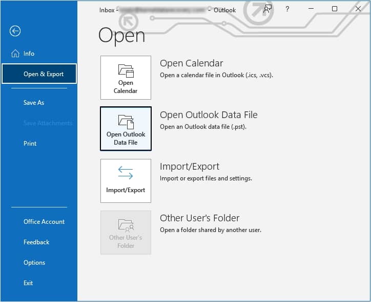 Open Outlook Data File option