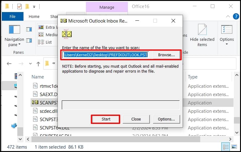 browse the location of pst file