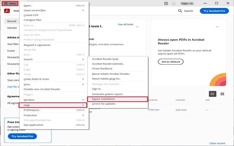 repair adobe acrobat installation