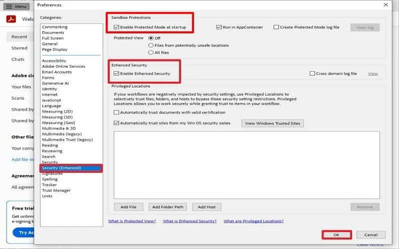 uncheck the enable enhanced security 