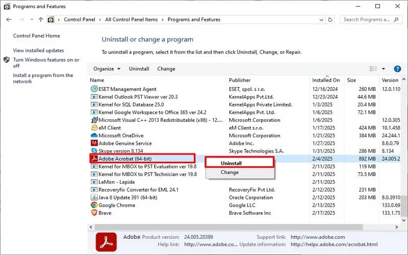 navigate to adobe application then uninstall it