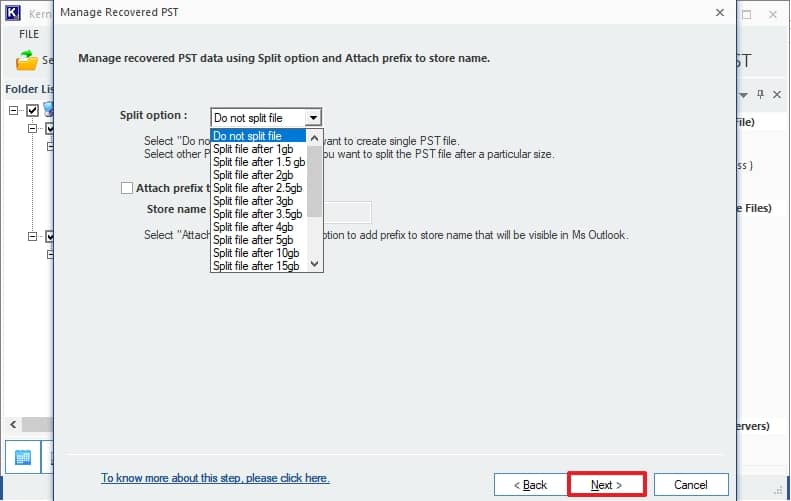 Organize savings in PST files using the splitting feature