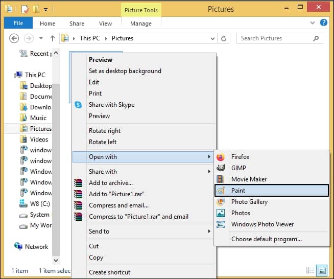Select Open with from the drop-down list and click on Paint