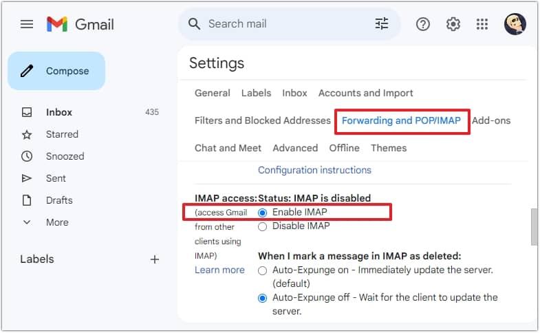 select the Enable IMAP option in the IMAP Access section
