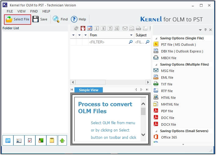 select olm file for conversion