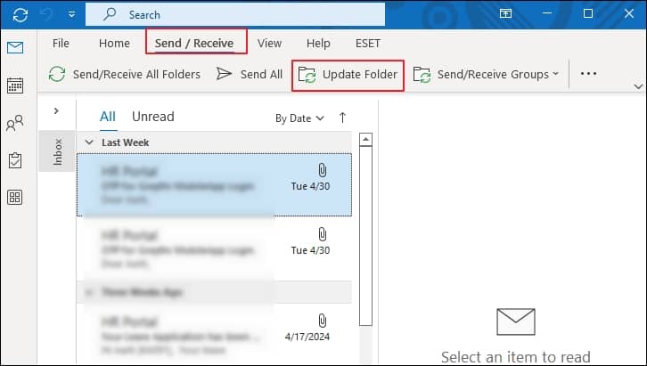 click Send or Receive option in Outlook and select Update Folder