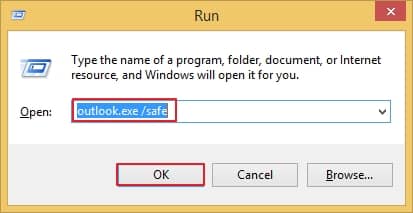 Press Windows key plus R command to open MS Outlook in safe mode outlook dot exe slace safe