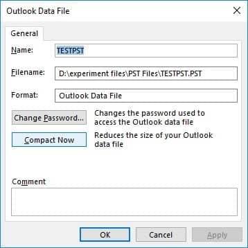 Outlook Data File dialogue box