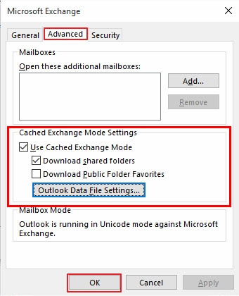 Advanced tab and uncheck the Cached Exchange Mode