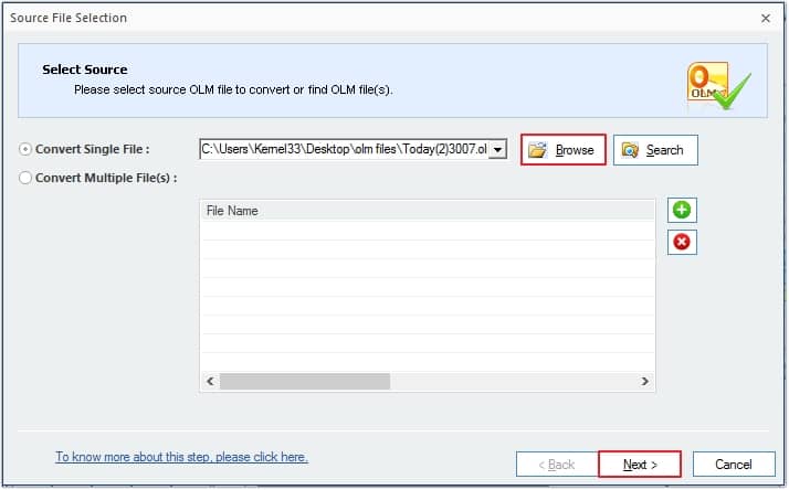 Click on Browse button to upload OLM file then click Next