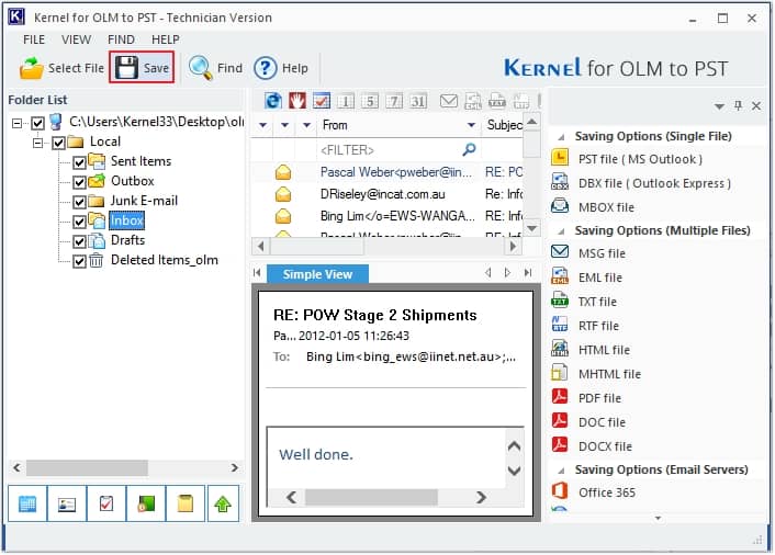 Preview your OLM email in the original hierarchy and select the file 