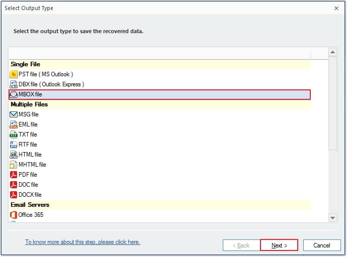 Choose the MBOX File from various file saving options and click Next