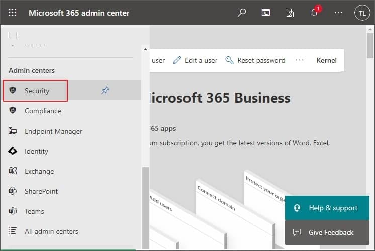 Microsoft 365 admin center, click on Security