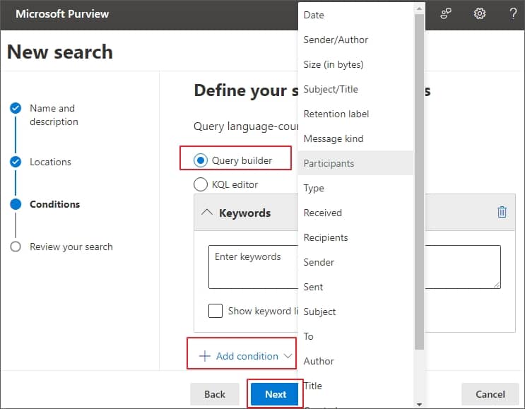 Under the Conditions tab, select filters like Query builder