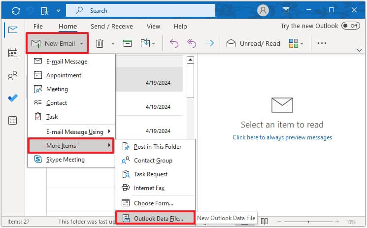 new data file in Outlook