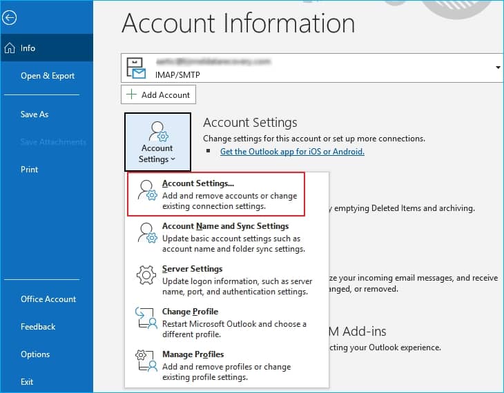 Outlook Account information