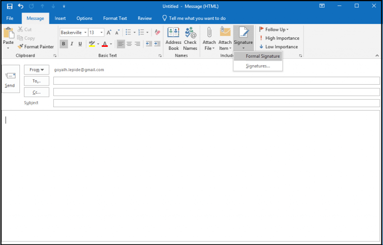 outlook 2016 insert table into signature
