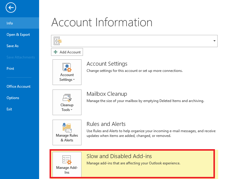 disable com add ins outlook 2016