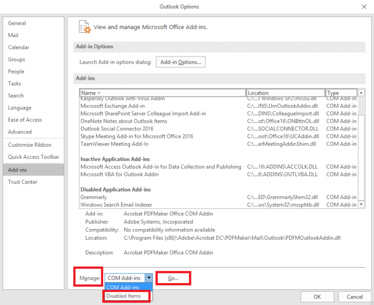 How to Fix Missing Add-ins in Outlook 2016, 2013 or 2010?