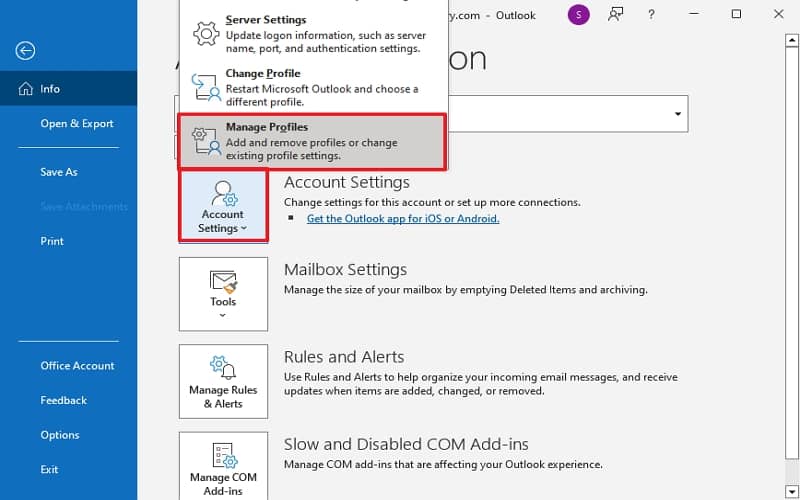 Open Outlook, click File then Account Settings then Manage Profiles