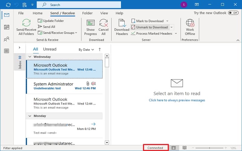 Open Outlook and look at the bottom right-hand corner you will see Connected or Connected 