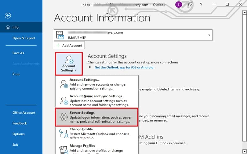 Open Outlook, click File then Account Settings then Server Settings