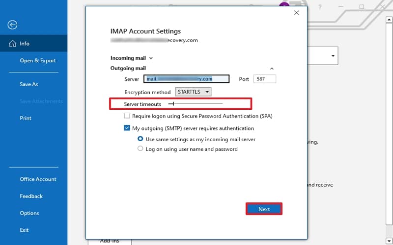 Go to the Outgoing Mail section configure your Server Timeout