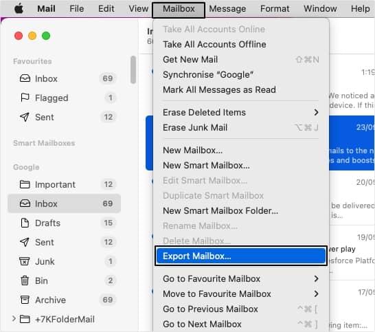 Click on Mailbox then Export mailboxes