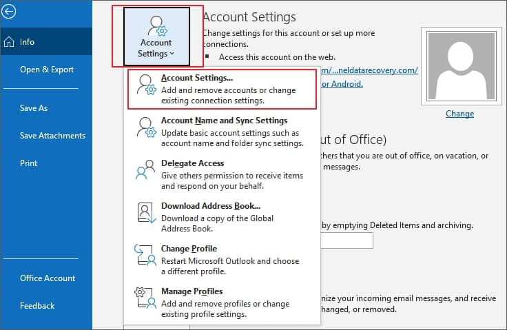 Open Outlook on your system and then go to Account Settings then Account Settings