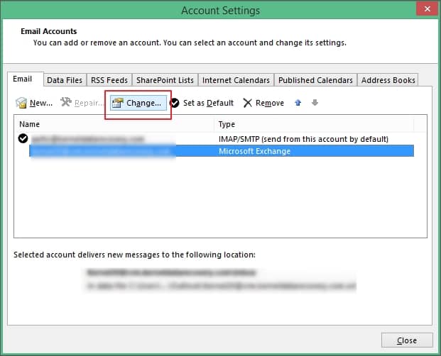 Click Change from the Email Accounts screen