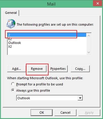 Select the Outlook profile experiencing error and then click on Remove