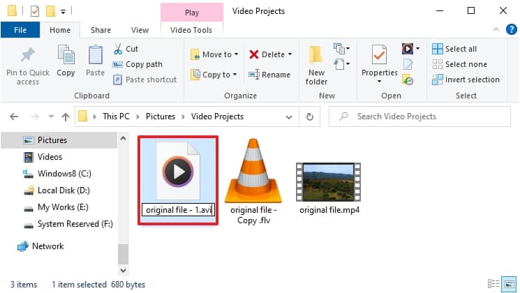 Choose your video file and rename the extension from FLV to AVI