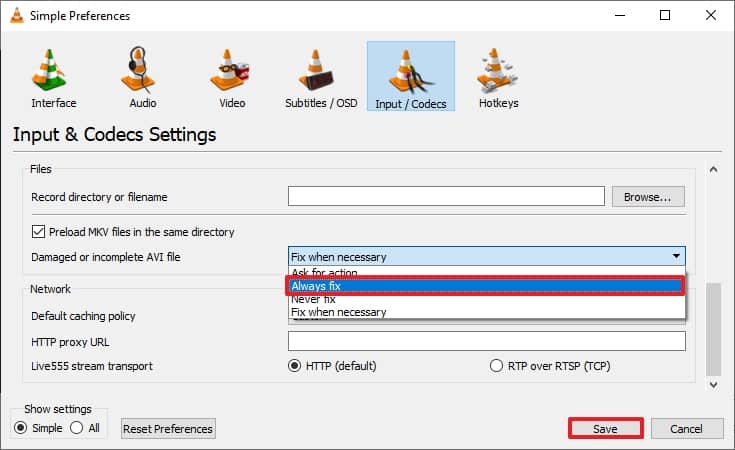 Select the Input or Codecs tab and choose Always Fix from the Damaged