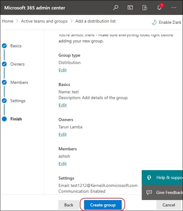 check all the details of your group and then click on Create group