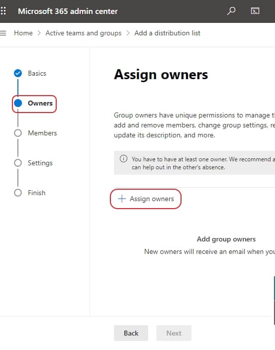 click on Assign owners who will manage the distribution list from the users list