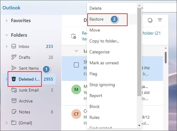 Select the emails you want to restore or simply select the Deleted Items folder to recover all the items present over there