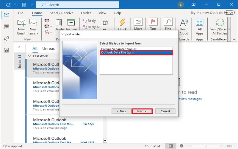 select Outlook Data File and click Next