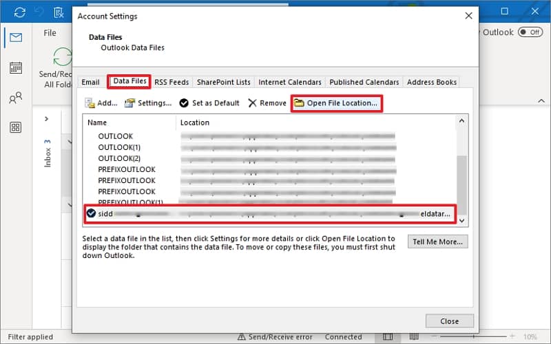 Go to Data Files tab select the account for which you want to know the OST file location