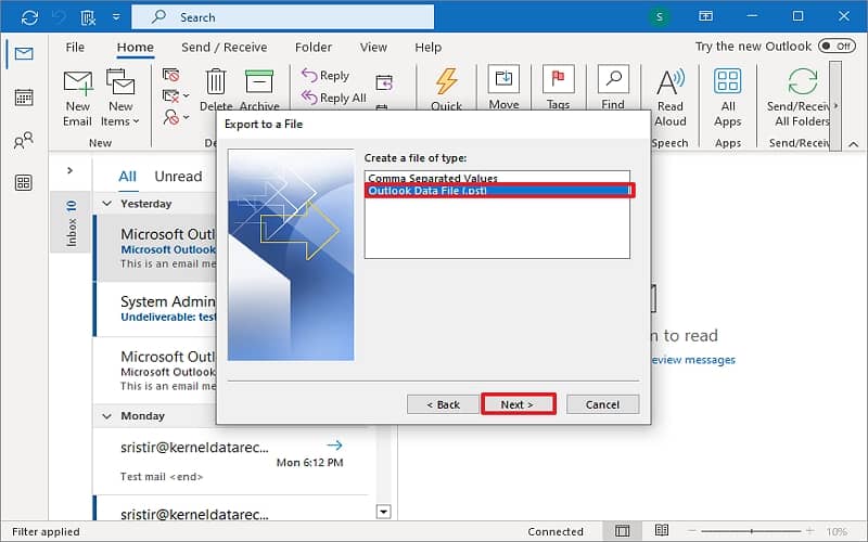 Select Outlook Data File and click on Next