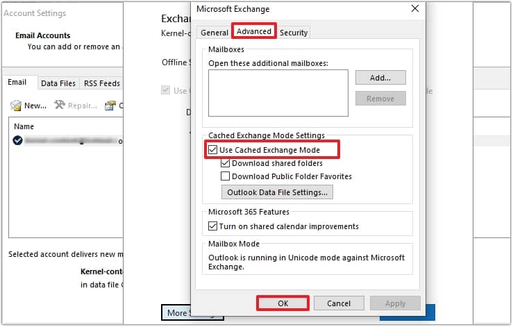 Check the option Use Cached Exchange Mode