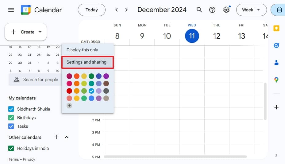 Click on the three dots against a calendar and click on Settings and sharing