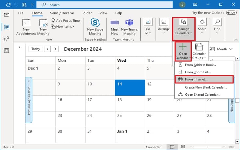 click on the Open Calendar option to expand it