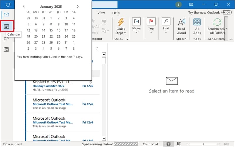 Open Outlook 2019 or 2016 and click on the Calendar icon