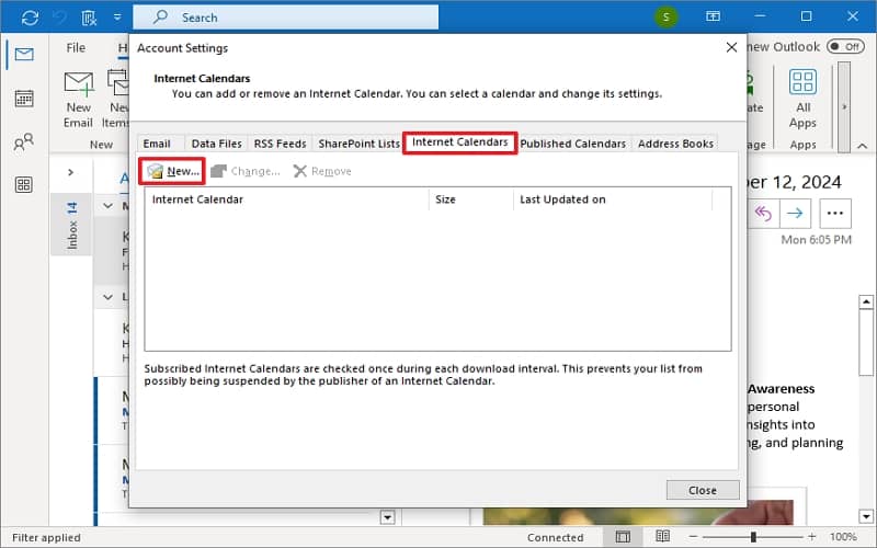 Switch to the Internet Calendars tab and click New
