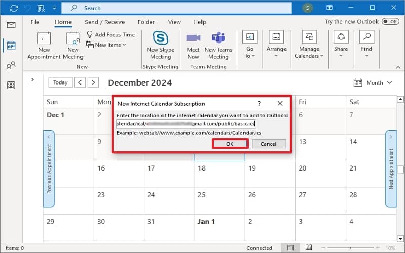 Paste the Google Calendar address in the iCal format 