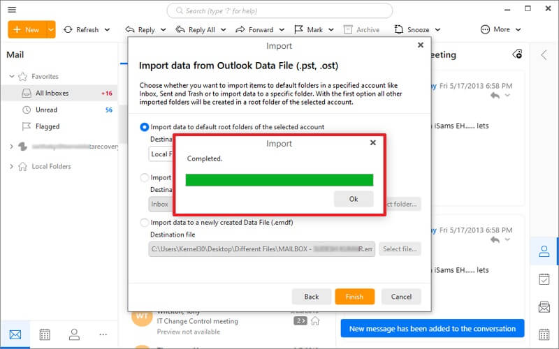 Importing process completes