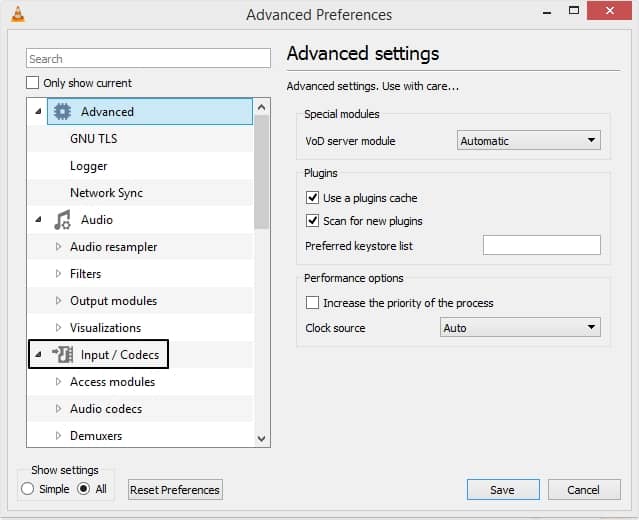 Advanced settings click the Input or Codecs option