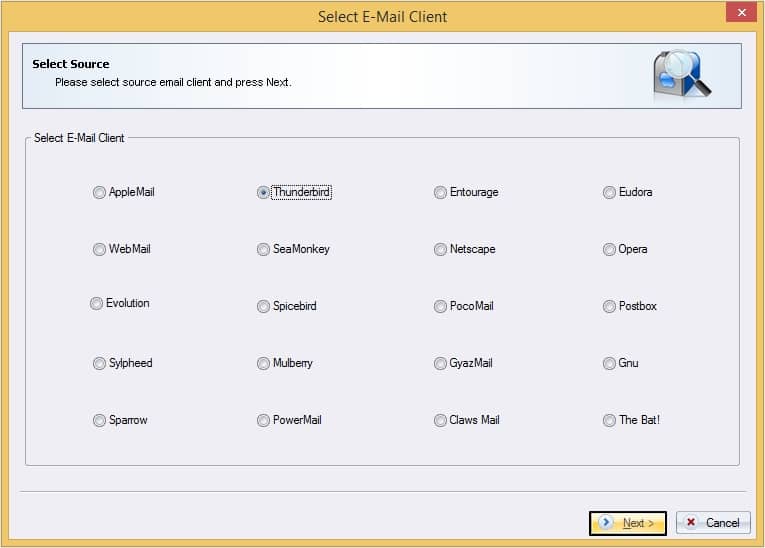 Select Source email client