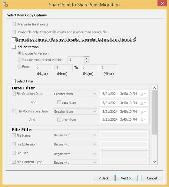 Select the desired filters to save files