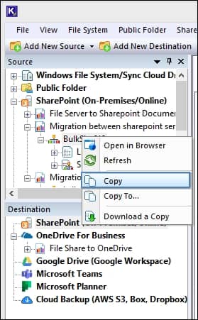 source and destination SharePoint Server are added